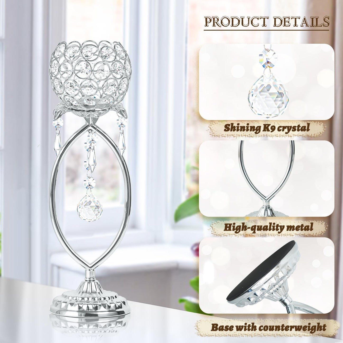 kehail 2 Pcs Silver Elegant Metal Crystal Tea Light Candle Holders with Crystal Pendants, Hollow Design - Wedding Table Centerpieces for Anniversary Birthday Party, Home Decor