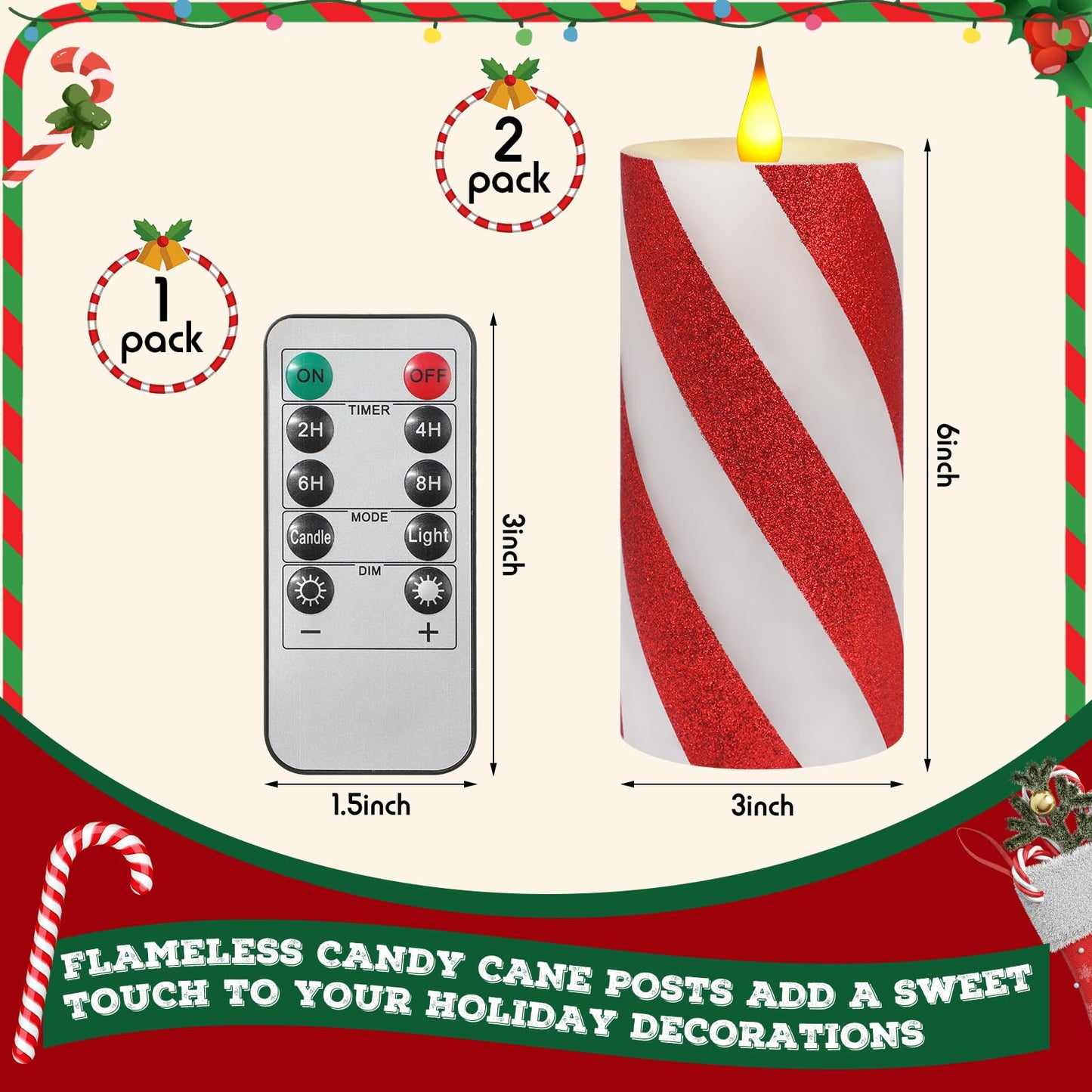 Retisee 2 Pcs Stripe Flameless Pillar Candles with Remote Timer Candle Striped Flickering LED Real Wax Battery Operated Fake Candle Glitter Stripe Pillar for Home Decor(3" X 6",Red)