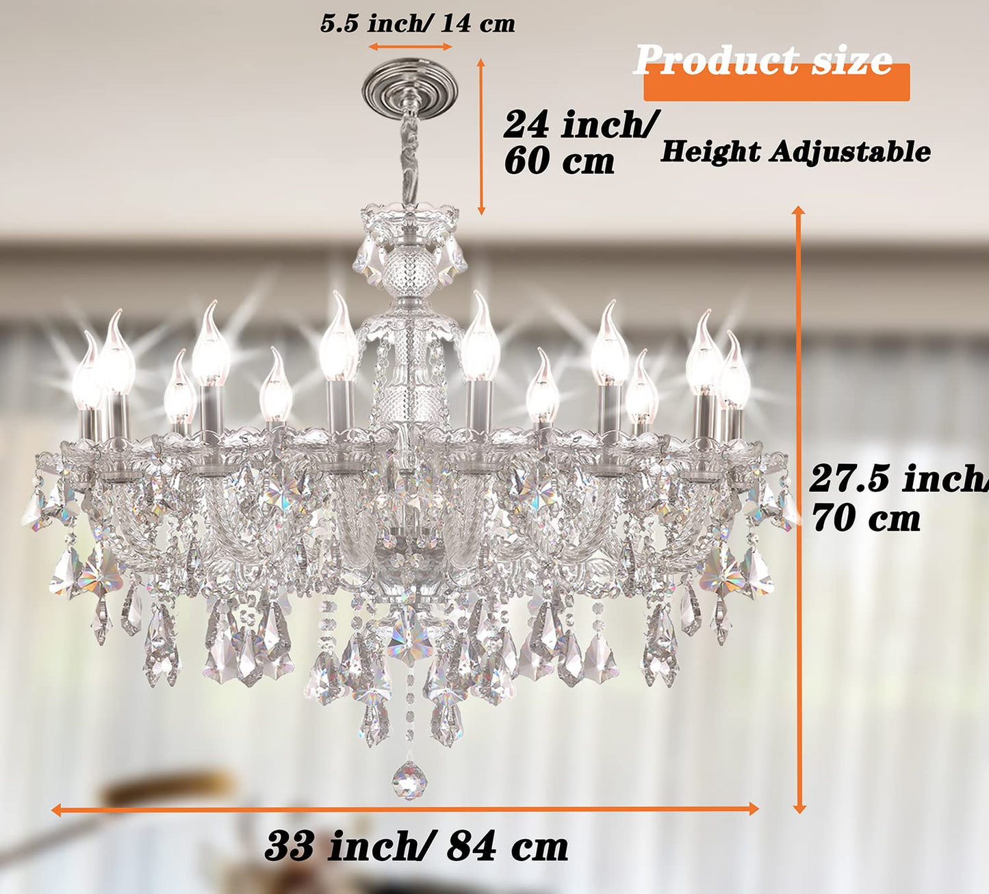 Clear 12 Lights K9 Crystal Chandelier,Candle Pendant Lamp Ceiling lighting, Crystal Chandeliers for dining room ,Bedroom,Living Room, 33 inch x27.5 Inch ( Color: Clear)with 12pcs 5W E12 LED Bulbs.