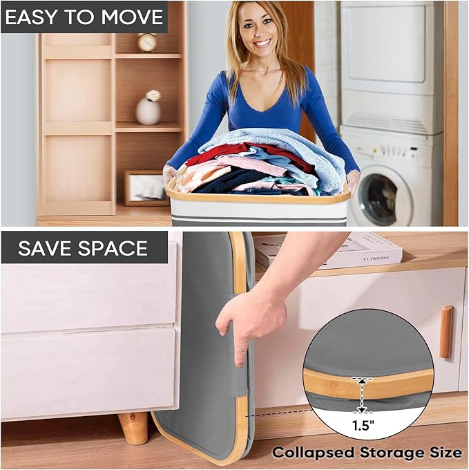 BALEINE Laundry Hamper with Lid, Tall Laundry Baskets with Bamboo Pull Handles