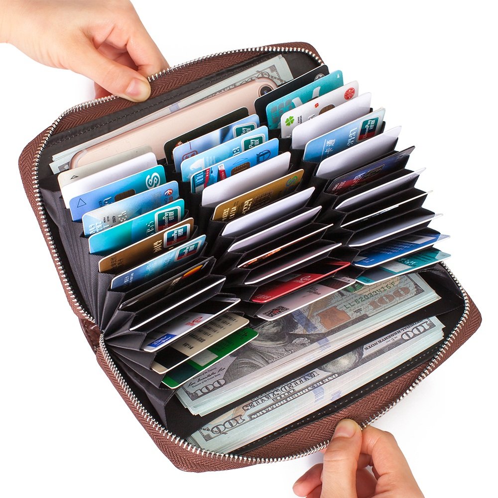 Buvelife Credit Card Wallet Leather RFID Wallet with Zipper for Women or Men, Huge Storage Capacity Credit Card Holder (Coffee), Coffee, Rfid Wallet