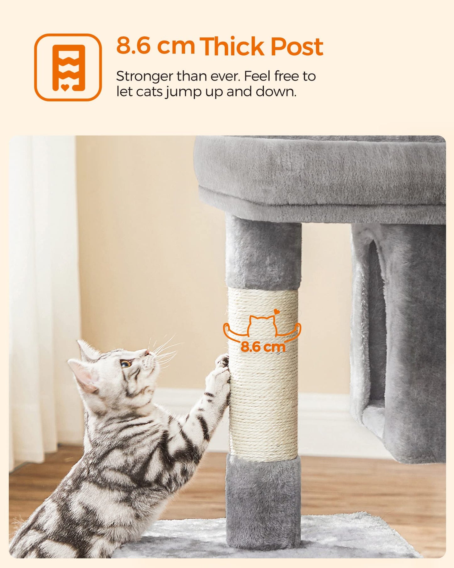 Feandrea Cat Tree, 84 cm Tower, L, Perch Condo for Large Cats up to 7 kg, 2 Caves, Scratching Post, Light Grey PCT61W