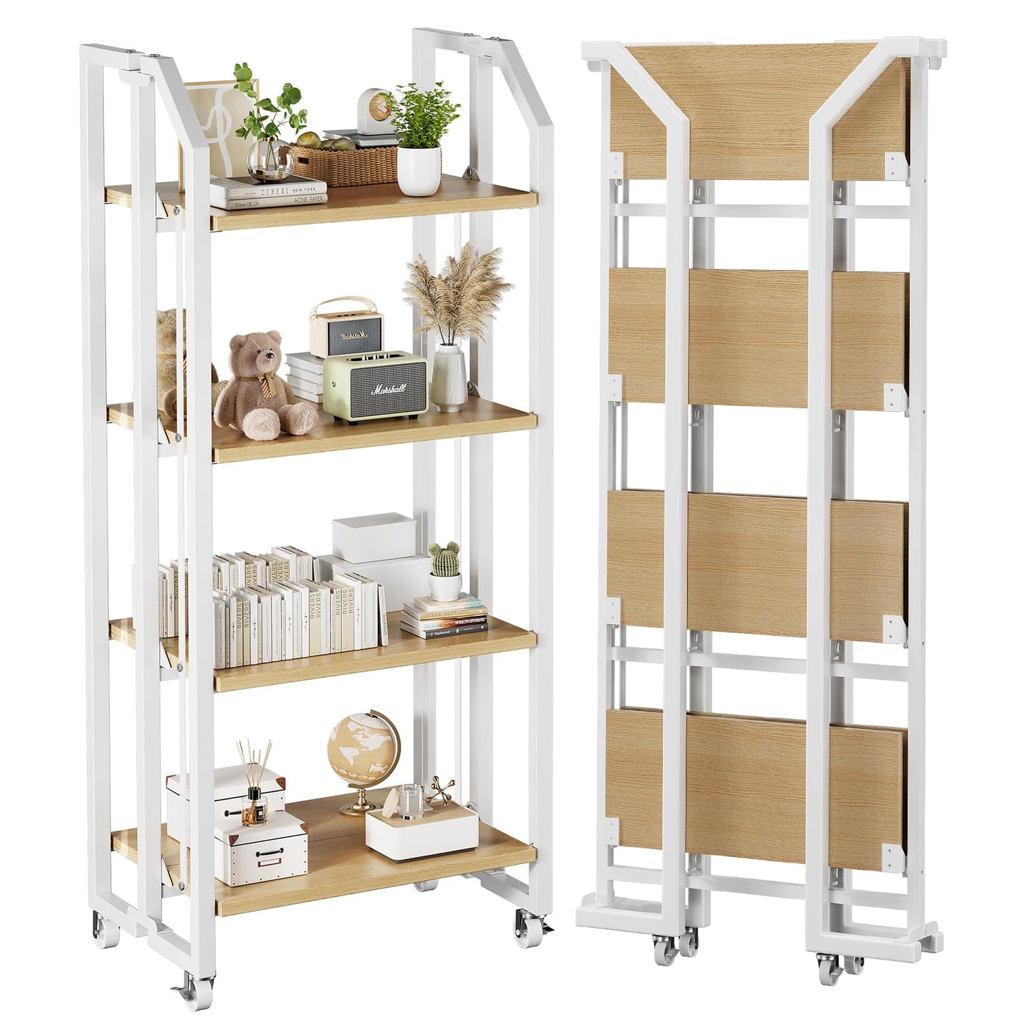 VYRIVA No Assembly Double-Sided Folding Bookshelf for Living Room, 4 Tier Collapsible Book Shelf for Home Office, Portable Bookcase Storage Organizer