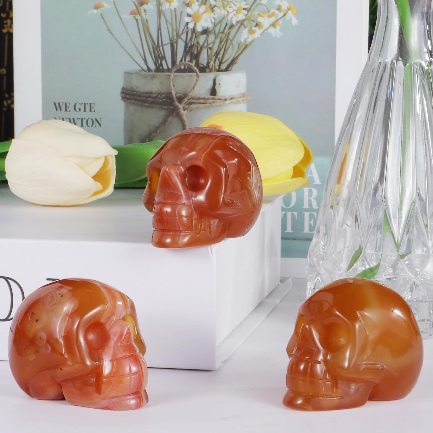 Hxswkk 2" Red Agate Skull Statue - Handcrafted Natural Crystal Gemstone Carved Human Skull Figurine Unique Skull Gift for Halloween Easter Home Men Women Decorative Crafts