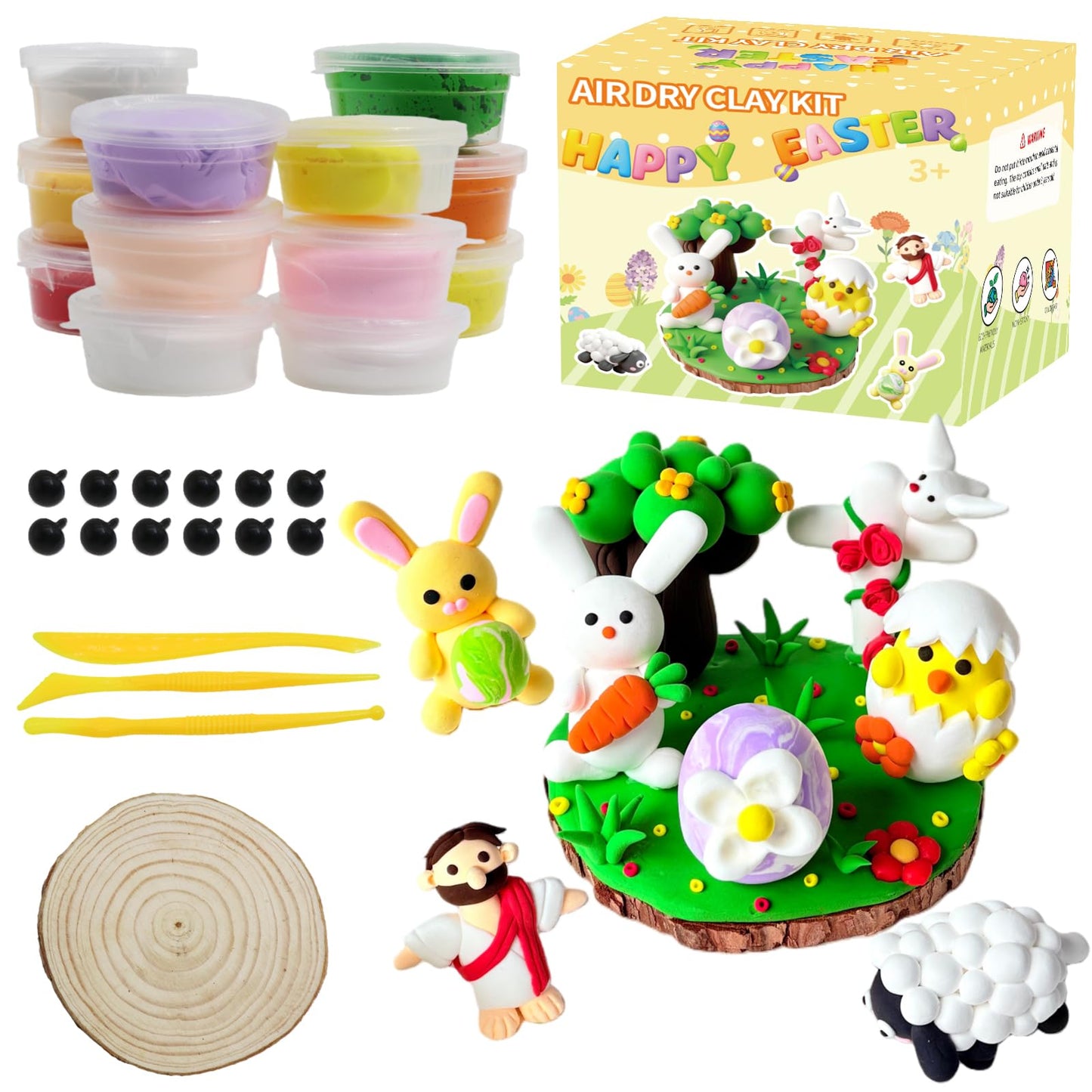 LAHAND Easter Air Dry Clay Kits for Kids,DIY Model Magic Clays,Jesus，Bunny，Eggs Craft DIY kit, This Clay Sets Can be Used as Easter Basket Stuffing or Classroom Party Favors