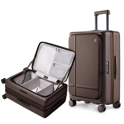 NINETYGO Medium Checked Luggage 25 Inch, Flat Top Opening Check In Luggage with Cup Holder, Expandable, Coffee-Infused PC Hard Shell, Eco-Friendly, TSA Lock, 360° Spinner Wheels (Americano)