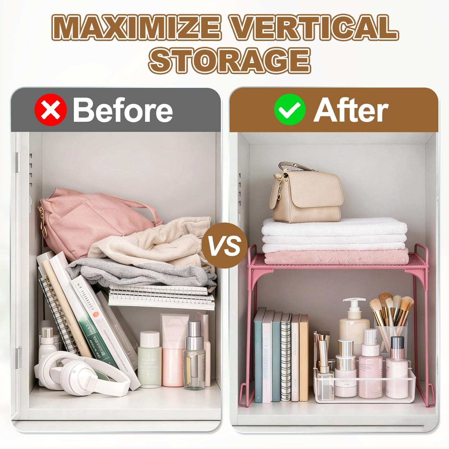 PATIKIL 2 Pcs Locker Shelf Organizer, Stackable Metal Storage Rack Organizer for Home Kitchen Office Gym Space Saving Utility Shelving, White/Purple