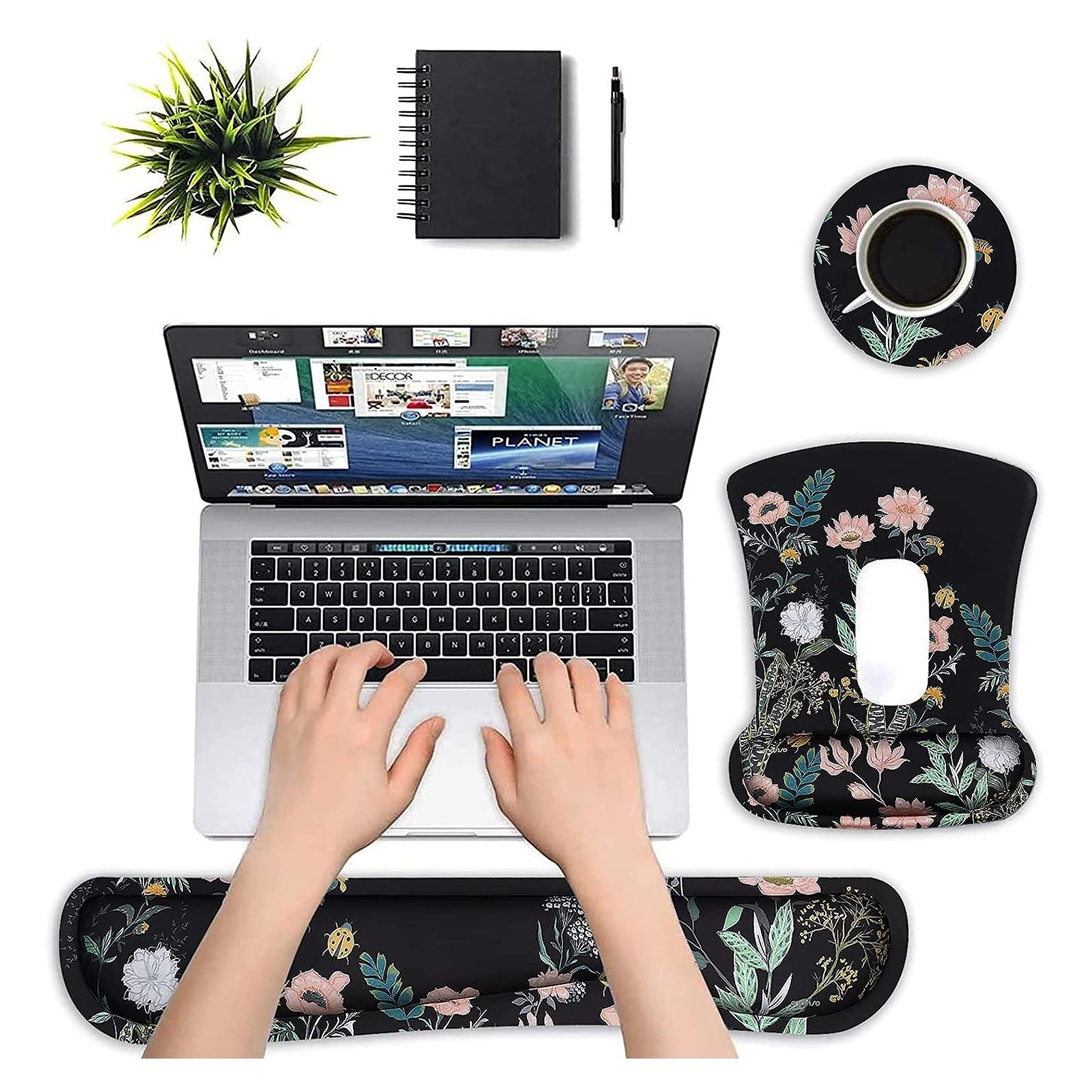 MOSISO Wrist Rest Support for Mouse Pad&Keyboard Set, Wild Flowers Ergonomic Mousepad&Coaster Non-Slip Base Home/Office Pain Relief&Easy Typing Cushion with Neoprene Cloth&Raised Memory Foam, Black