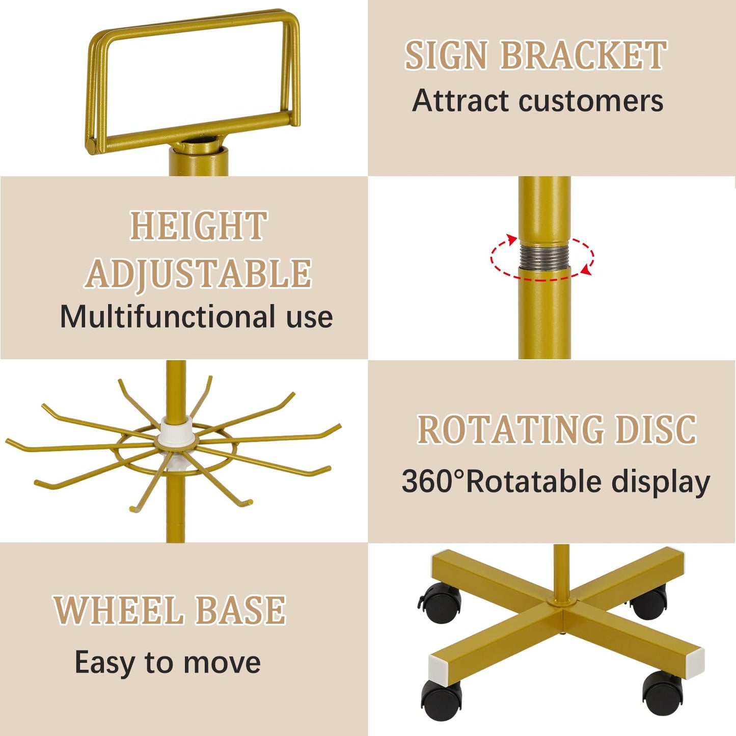 Exttlliy Retail Display Stand 5 Tier Metal Spinning Display Rack with Wheels Keychain Jewelry Stocking Hat Display Stand with Hooks for Malls, Showroom, Retail Store (Gold)