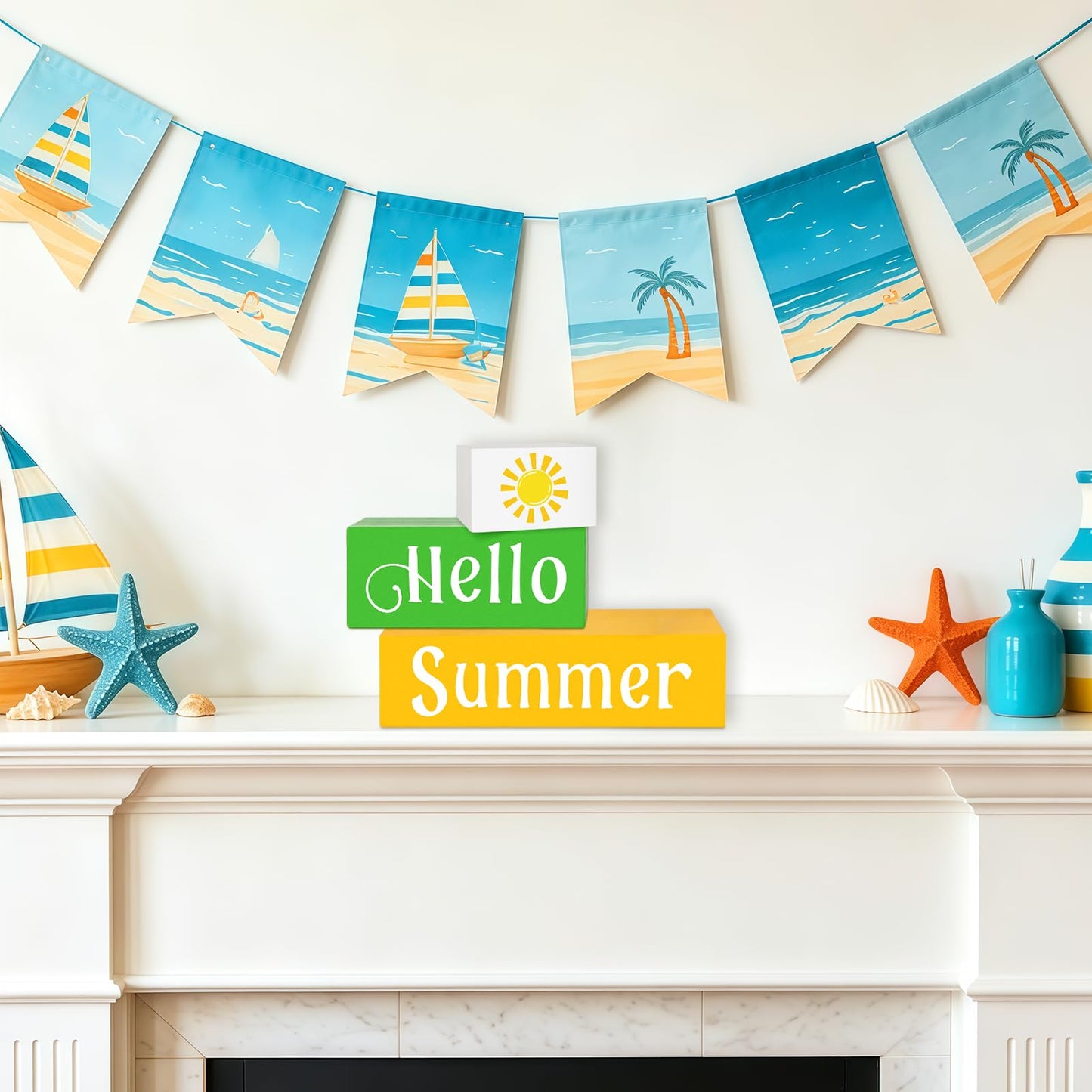 COCHIE Wooden Hello Summer Decorations Table Sign, Sunshine Beach Table Top Centerpiece Blocks Decorations for Home, Office, Mantel, Tabletop, Party, Shelf Set of 3 (Summer)