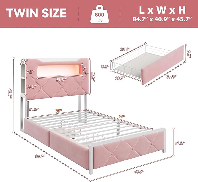 Twin Upholstered LED Bed Frame