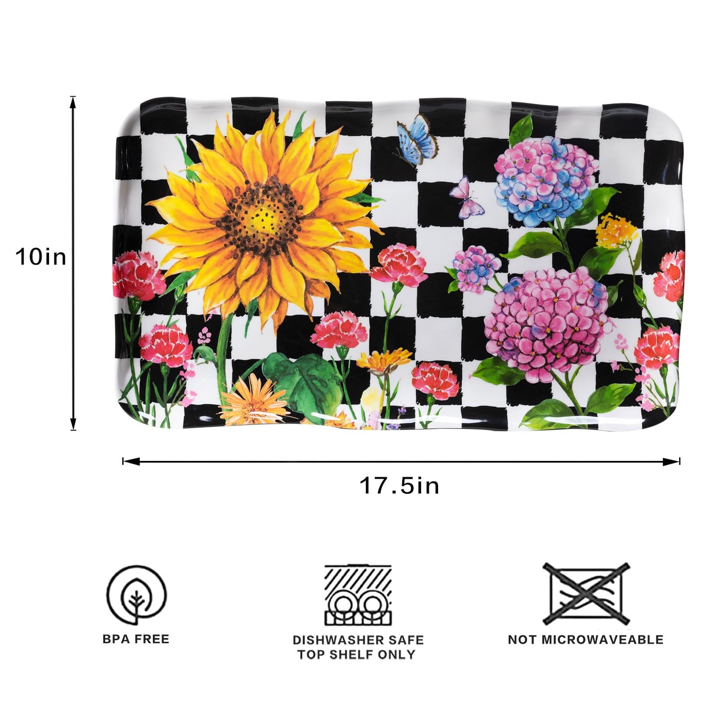 LEHAHA Rectangular Melamine Sunflower Serving Tray, 2-Piece Hydrangea Serving Platter Set, 17.5" x 10" Colorful Trays/Platters Sets for Outdoor and Indoor Dining and Entertaining Parties,Black Plaid