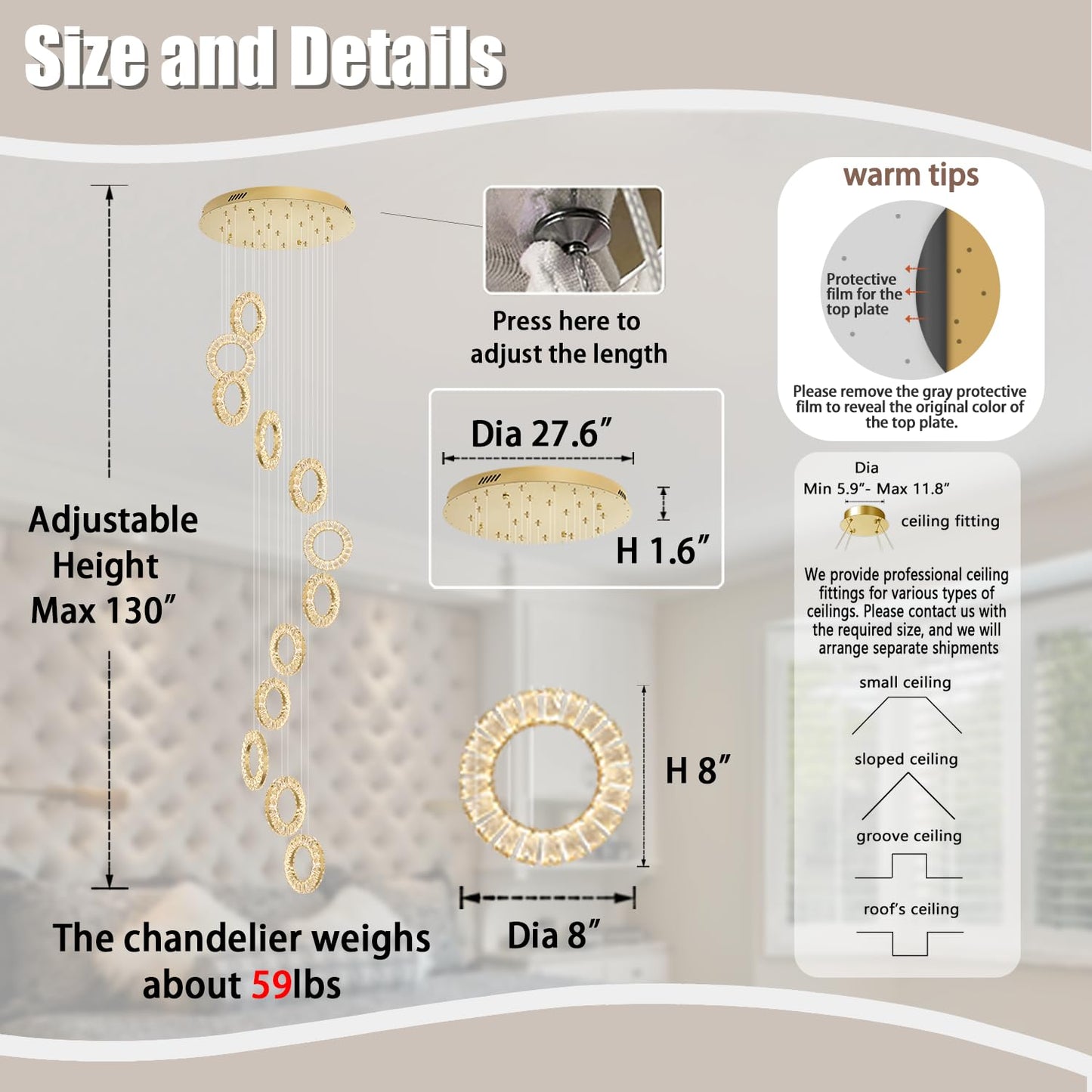 ykolupty 16 Rings High Ceiling Chandelier,Crystal Rings Chandelier,Staircase Chandeliers for High Ceilings,Foyer Chandeliers Entryway High Ceilings