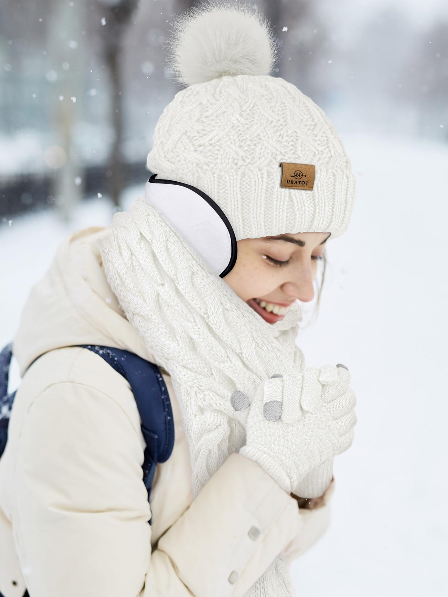 URATOT 4 Packs Winter Warm Set Knitted Pompom Hat Scarf Touch Screen Gloves Ear Warmer 4 In 1 Set for Men or Women