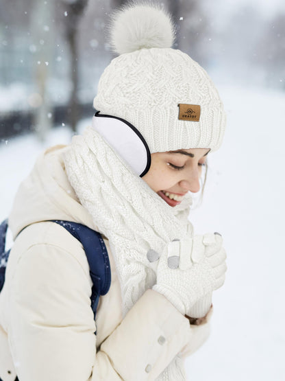 URATOT 4 Packs Winter Warm Set Knitted Pompom Hat Scarf Touch Screen Gloves Ear Warmer 4 In 1 Set for Men or Women