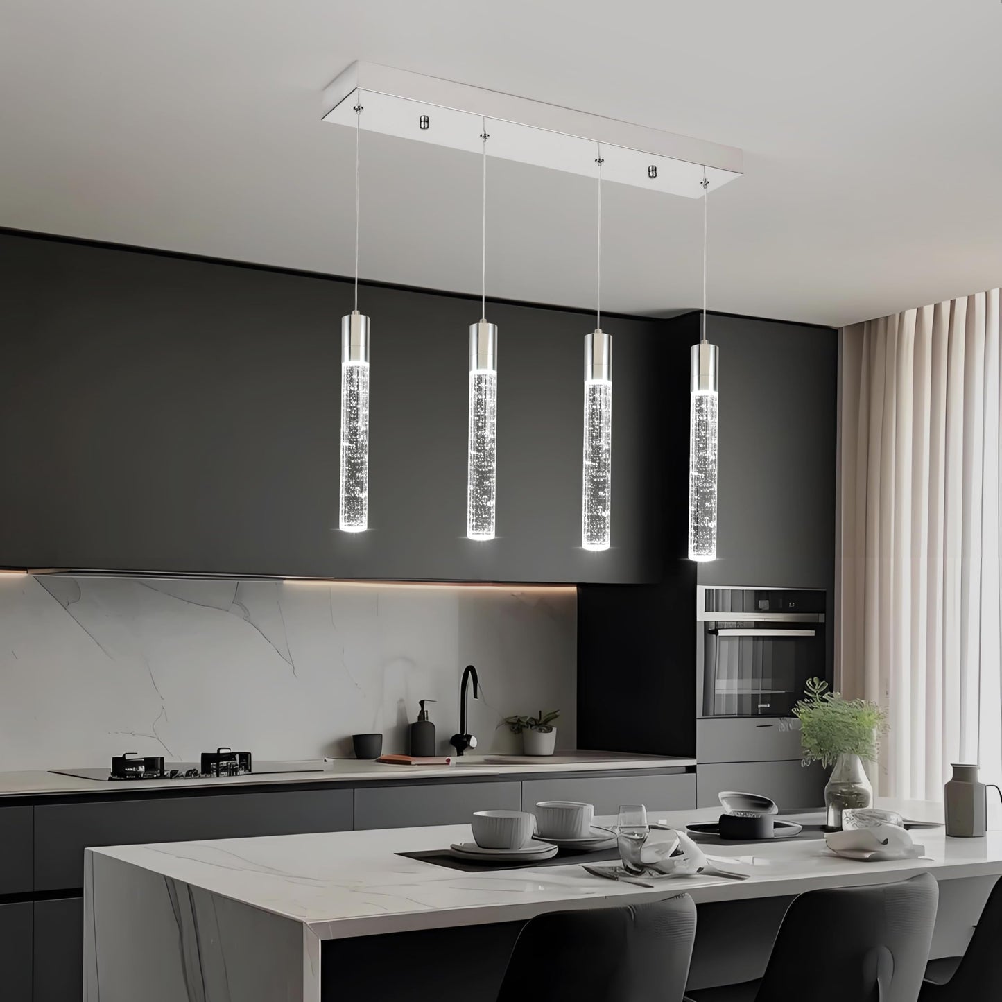 votag 4 Light Pendant Lights Kitchen Island, Modern Chrome Crystal Pendants with Dimmable 3000K-6000K LED Ceiling Hanging Light Fixture for Dining Room Bedroom, Adjustable Height 59"