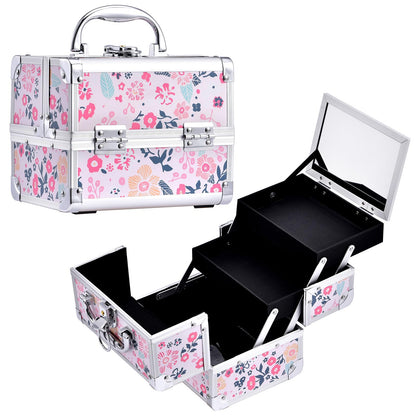 Joligrace Girls Makeup Box with Mirror Cosmetic Case Jewelry Organiser Light Weight Lockable with Keys (Beige Disty Florals)