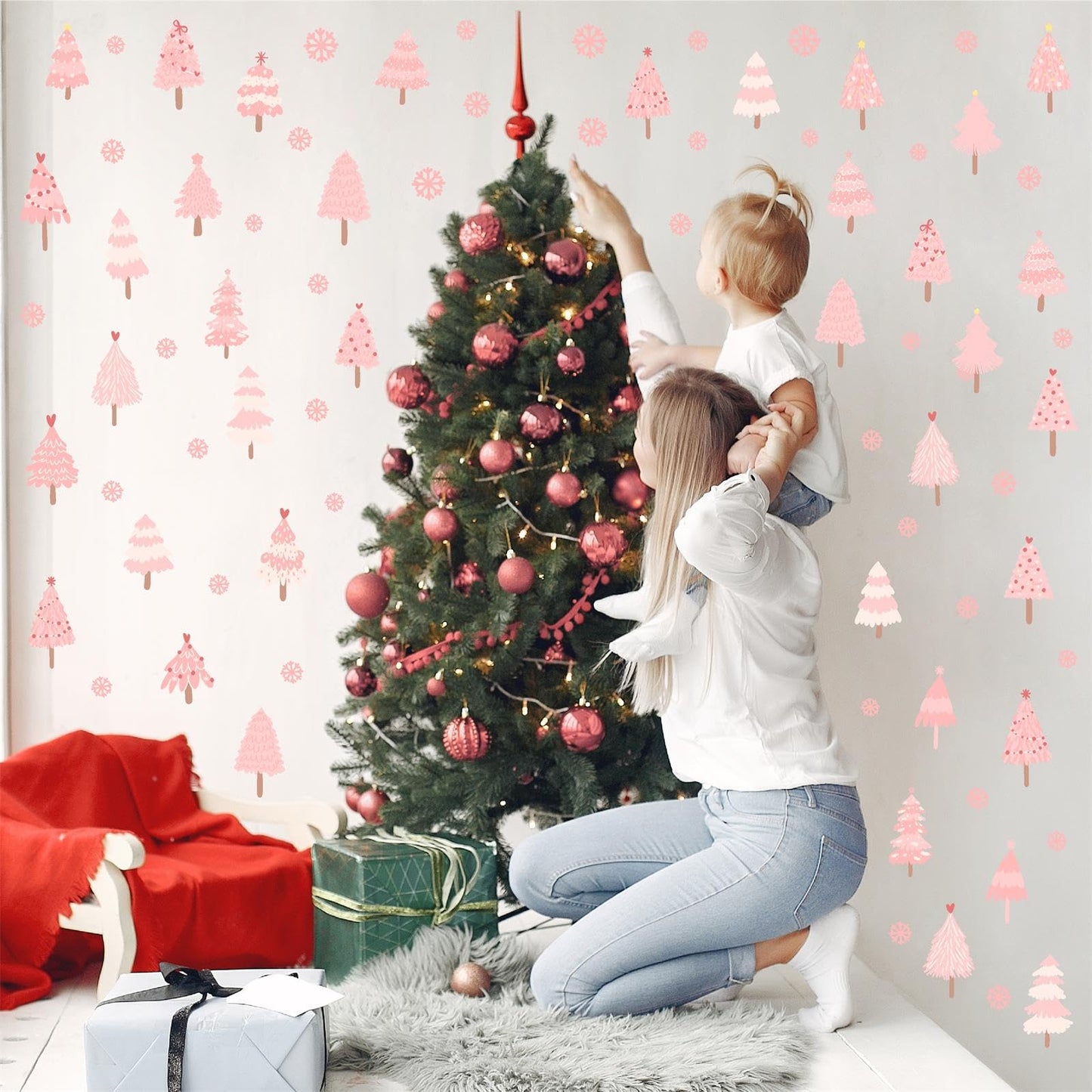 Pink Christmas Tree Wall Decals Merry Christmas Wall Stickers Peel and Stick Xmas Snowflake Sticker for Crafts Decoration Home Indoor Pink Pine Tree Decal for Kids Bedroom Winter Holiday Party Decor