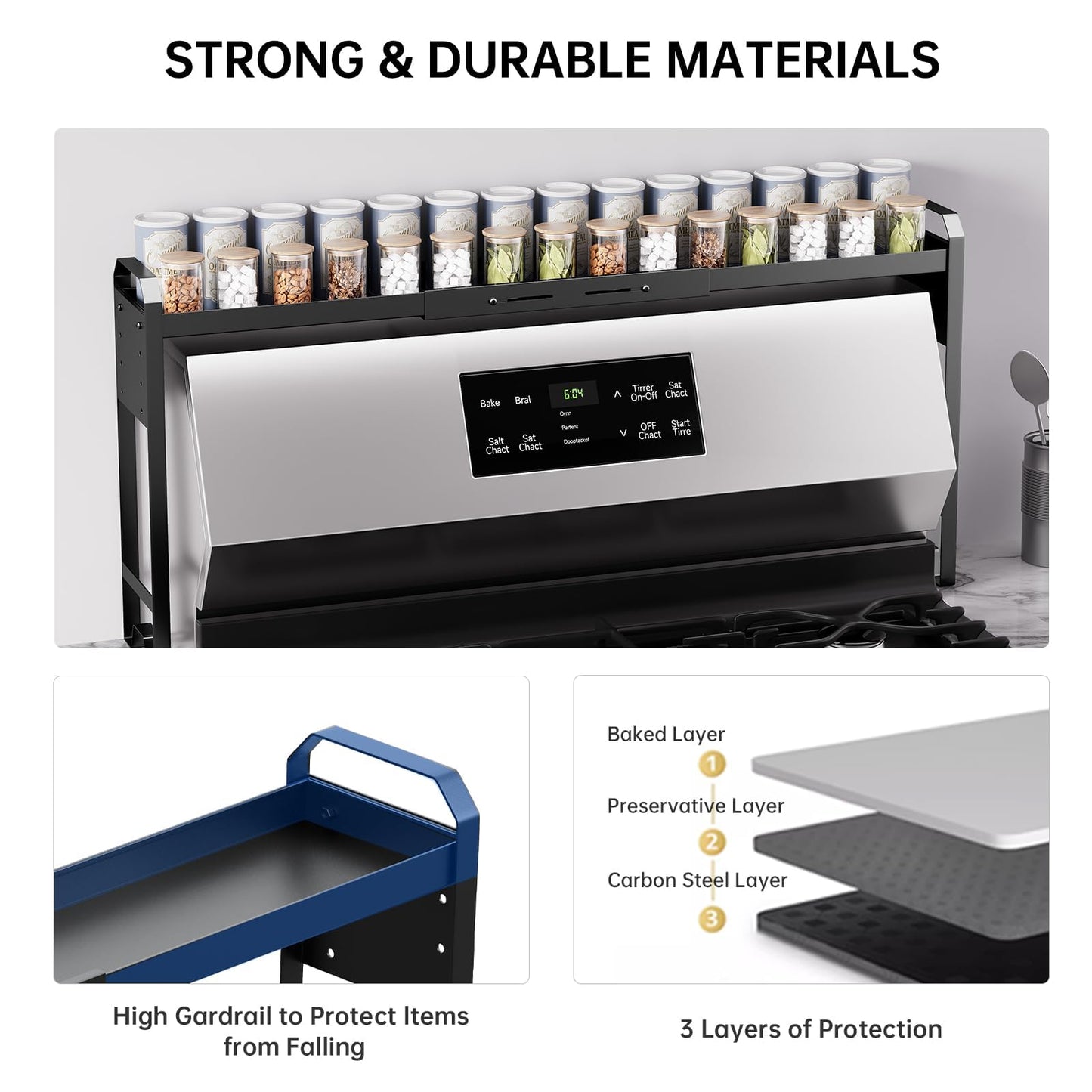 Kitchen Spice Rack Over The Stove, Shelf for Back of Stove, Stove Top Shelf for Seasoning Organizer, Over Oven Shelf, Countertop, Expandable Length 27.3''-32.6'', 4 Adjustable Height (Black, Normal)