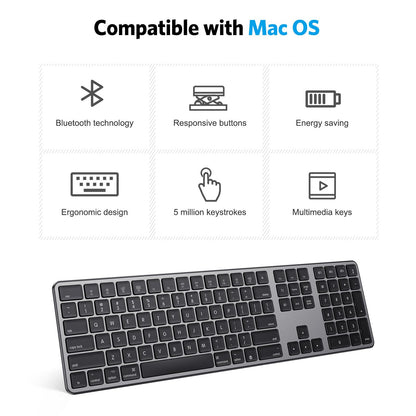 OMOTON Bluetooth Keyboard Compatible with Mac, with Numeric Keypad, Rechargeable Wireless Keyboard Compatible with MacBook Pro/Air, iMac, Mac mini/Pro Laptop and PC (Silver)