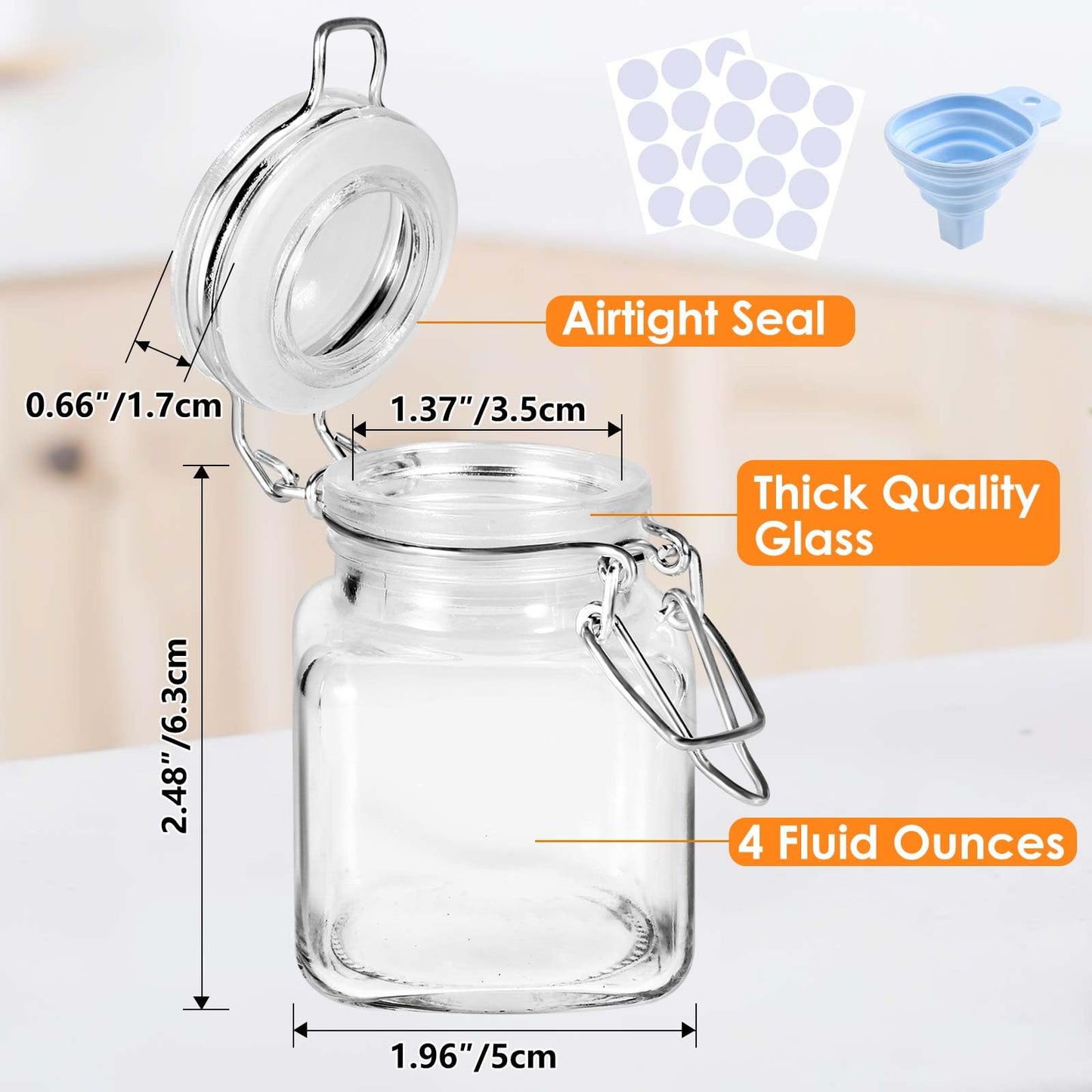 SKOCHE Spice Jars 20 Pack Small 4 oz Glass Jars with Airtight Hinged Lids, Spice Herb Jars with Labels and Silicone Funnels, 4oz Glass Jars with Lids Ideal for Spice Herbs