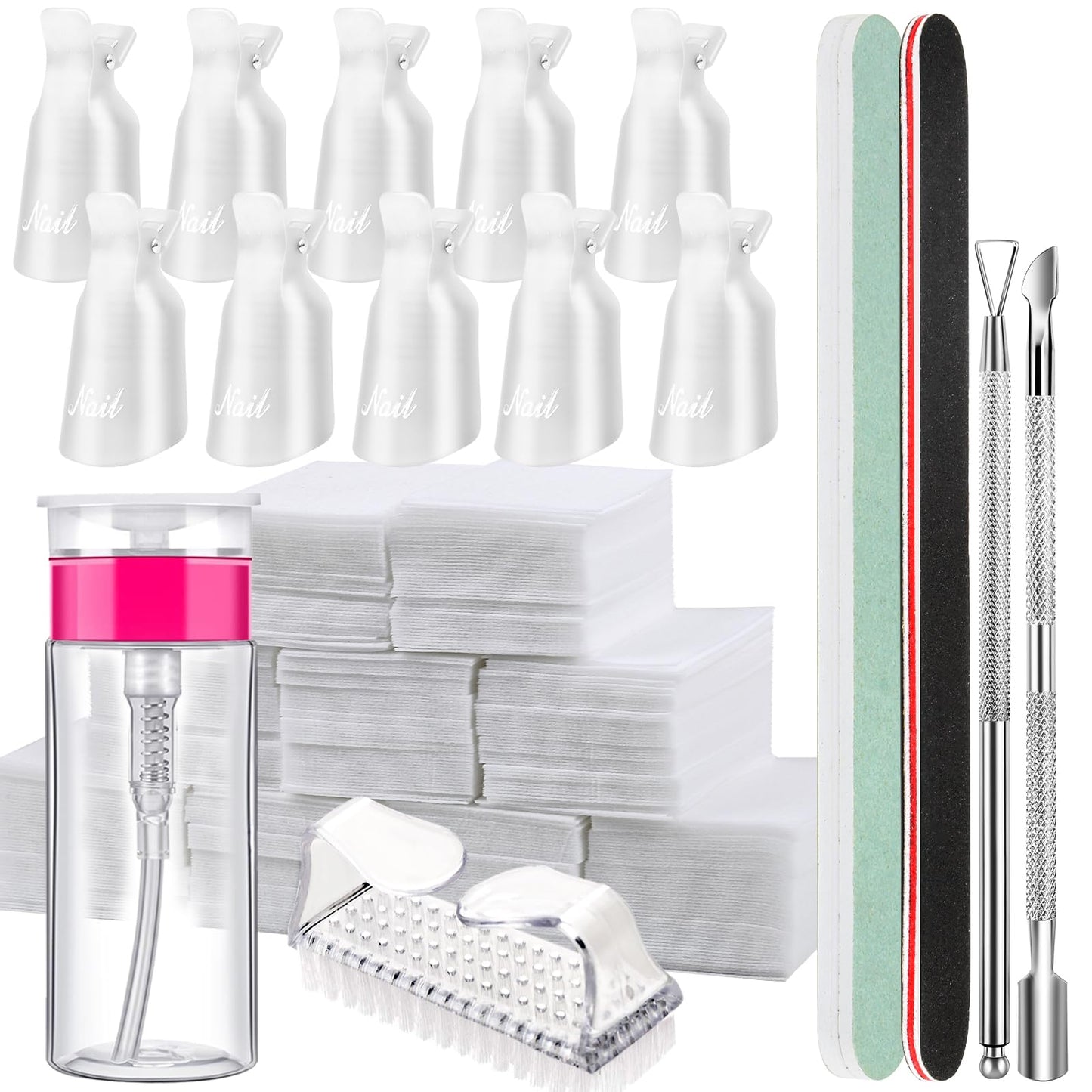 FANDAMEI Nail Polish Gel Remover Tools Kit with Nail Clips, 100ml Nail Polish Remover Bottle, 500 Nail Remover Cotton Pad, Nail Brush, Cuticle Pusher/Peeler, 100/180 Nail File,Buffer Block