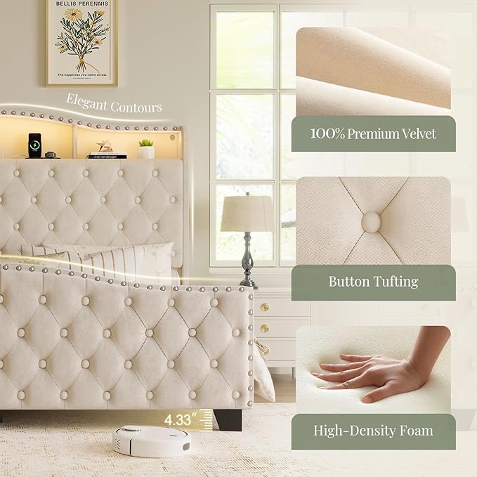 Belffin Queen Size Bed Frame and Headboard, 50.9" Velvet Upholstered Wingback