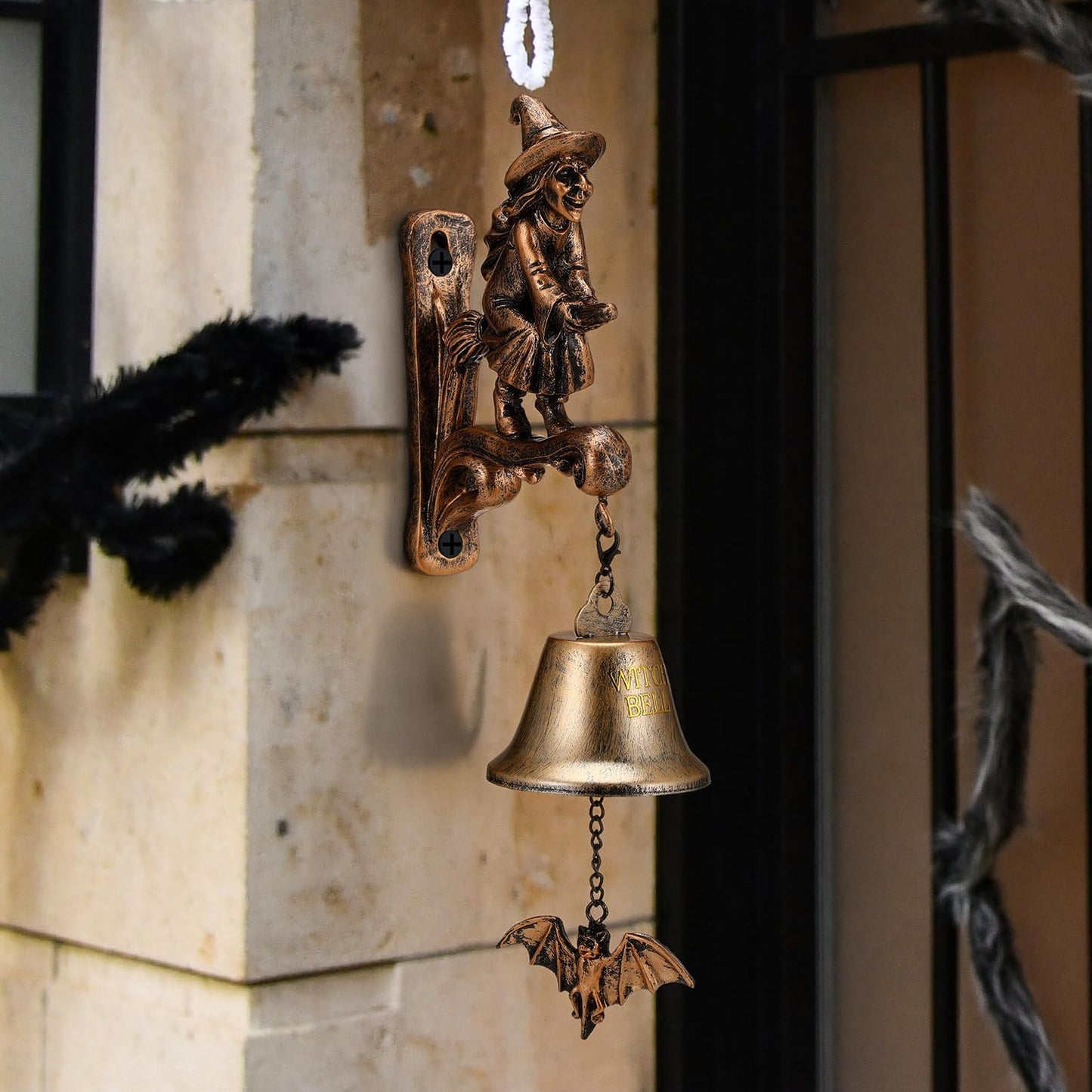 BrightRow Halloween Witch Bell Wall Mounted Cast Iron Resin Gothic Doorbells with Bat Clapper 3D Iron Witch Bells for Home Protection Witchcraft Supplies Door Bell Decoration for Porch Garde