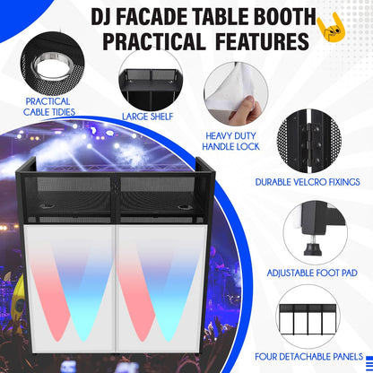 DJ Facade Portable Booth Table with White & Black Lighting Scrim,50" L X 25" W DJ Stand Booth,Foldable DJ Table Station with Adjustable DJ Event Facade Feet for Party, Black Metal Frame