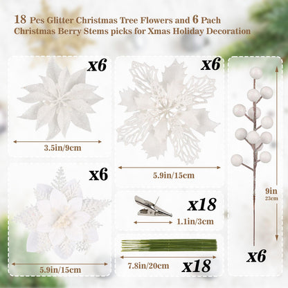 N&T NIETING 24 Pcs Christmas Poinsettia Artificial Flowers & Glitter Berries Stems Kit Christmas Floral Picks Christmas Tree Garland Wreath Filler Ornaments for Home Party Xmas Decor, White