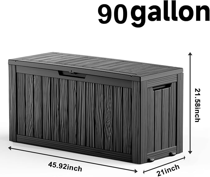 EasyUp 90 Gallon Outdoor Deck Box Waterproof, UV Resistant Resin Outdoor Storage Box for Delivery, Porch, Patio and Garden, Black