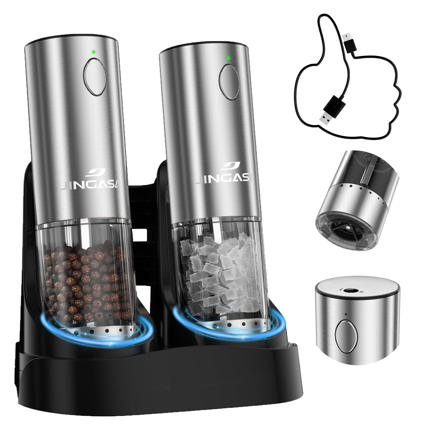 Electric Salt and Pepper Grinder Set with External Coarseness Adjustment, 95ml Large Capacity Automatic Pepper Mill, USB-C Charging Base with LED Light, Stainless Steel Spice Grinder, 2-Piece Set