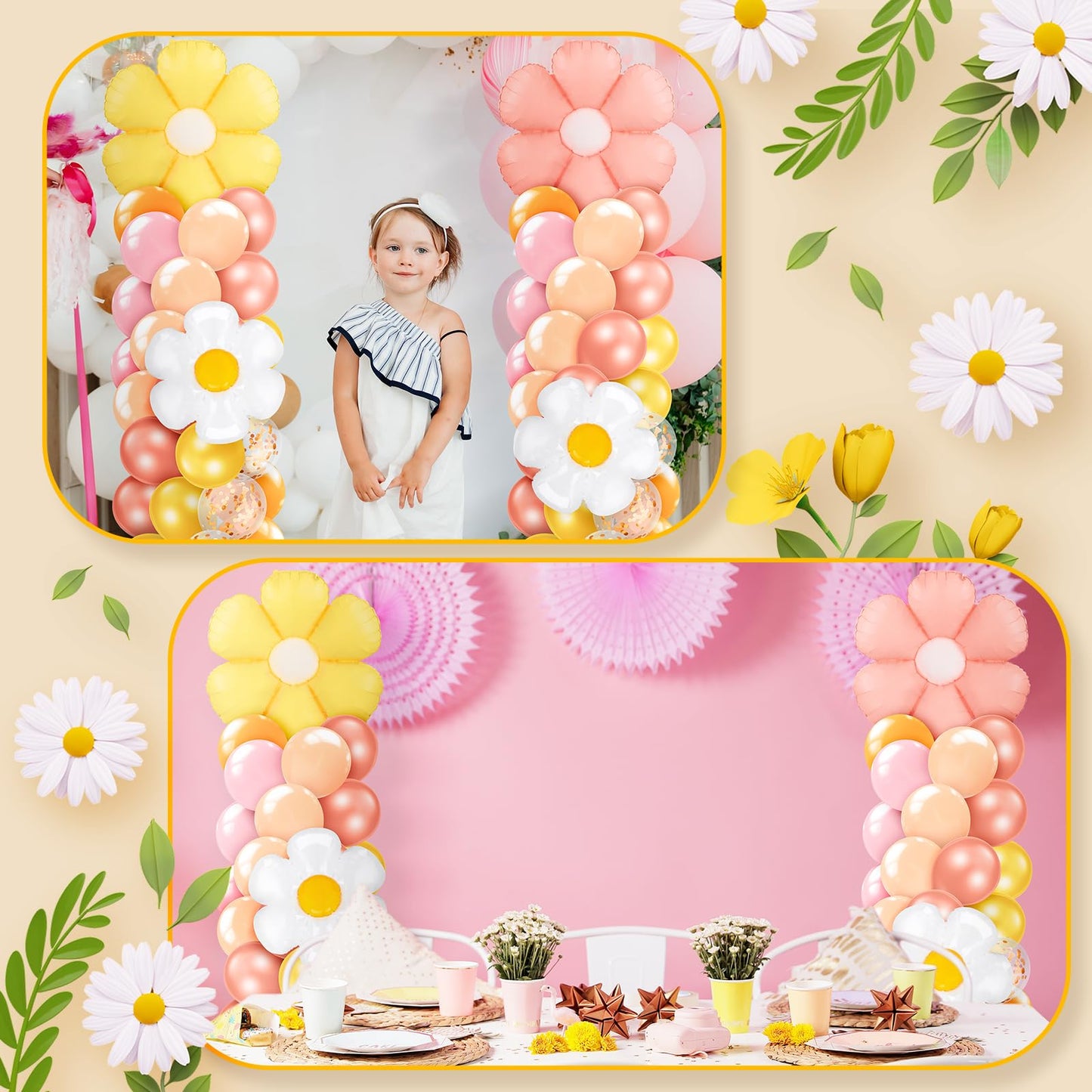 Kasyat 2 Sets Groovy Balloon Column Stand Kit Boho Daisy Macaron Pink Yellow Orange Pastel Retro Flower Balloons Arch Garland Kit for Baby Shower Birthday Wedding Hippie Flower Party Decoration