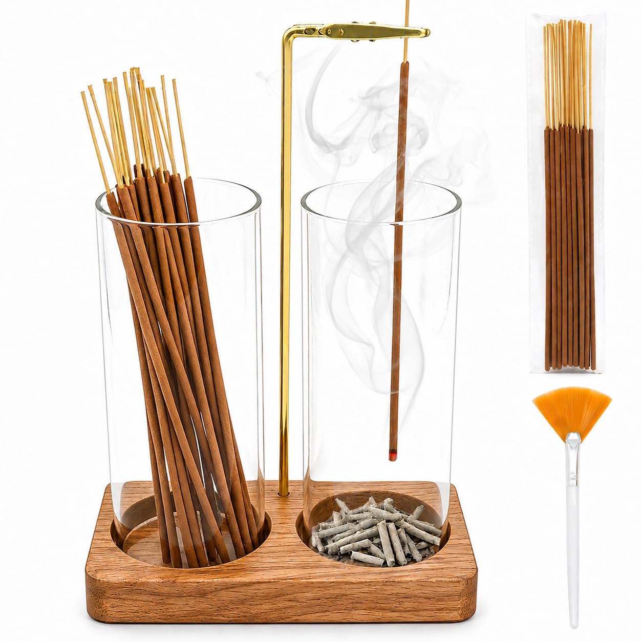 Acacia Incense Holder for Sticks, 2 in 1 Incense Burner with Glass Ash Catcher, 20 Incense Sticks and Brush, Backflow Incense Burner, Incense Burner for Meditation Yoga Spa