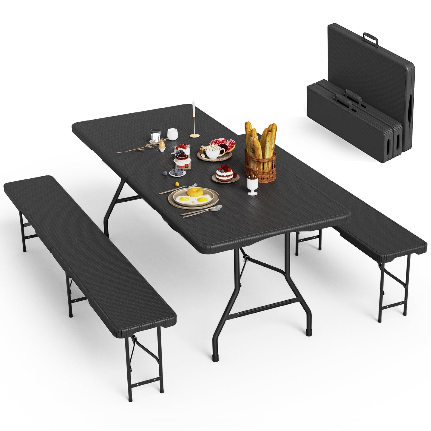VSOAEIL 6 Foot Folding Picnic Table Set with 2 Benches, Camping Table Chair Set, HDPE Rattan Pattern Top, 3-Piece Portable Indoor Outdoor Furniture with Safety Locks & Handle for Party Camping, Black