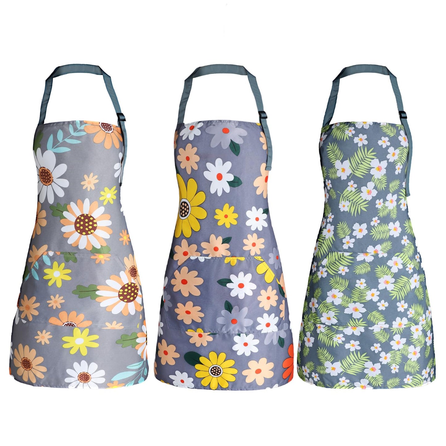 IHFAIO Apron for Women with Pockets, Adjustable Waterproof Floral Chef Aprons for Kitchen, Gardening, Cooking, BBQ or Baking, 3Pcs (3)