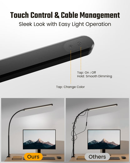 SUPERDANNY Eye-Caring LED Desk Lamp 360° Flexible Gooseneck Work Lamp with Desk Side Clamp Touch Control 3 Light Colors Smooth Dimming Task Lighting Reading Light for Home Office College Dorm, Black