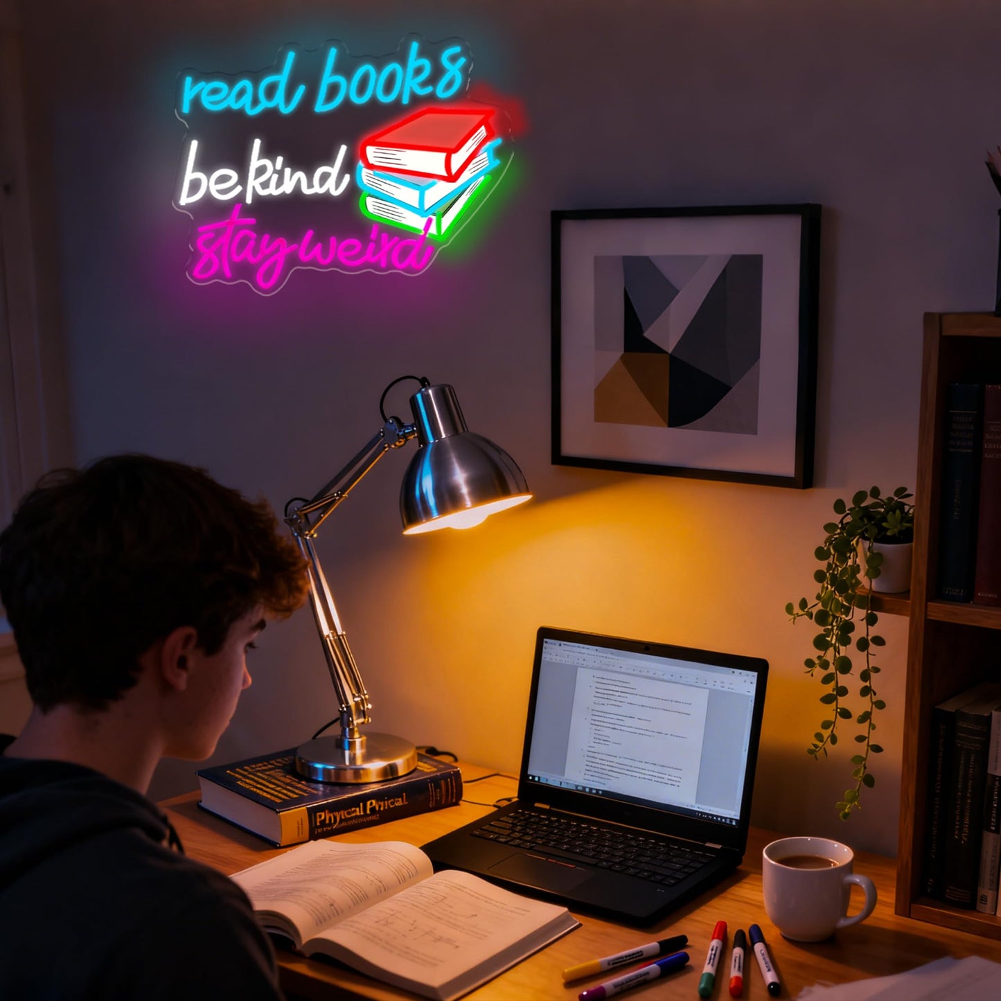 Read Books Be Kind Stay Weird Neon Sign Dimmable LED USB Powered Neon Light UP for Classroom Wall Decor Art Positive Bedroom Library Study Room Home for Student Kid Teen Birthday Party Christmas Backdrop Decoration Gift (Reaing Books)