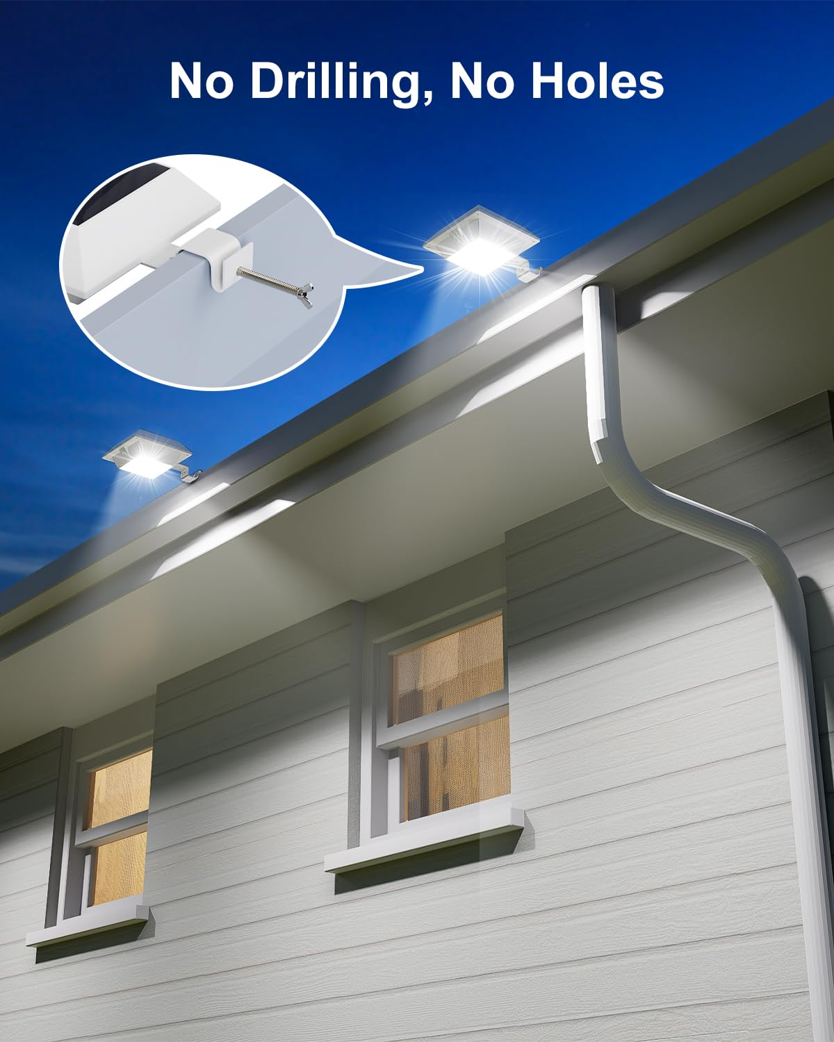4 Pack White Solar Powered Gutter Lights Outdoor Decorative Waterproof 12 LEDs Yard Lamp for Lighting Fence, Railing, Outside Wall, Deck, Garden, Path, Backyard, Walkway, Patio, Holeless Installation