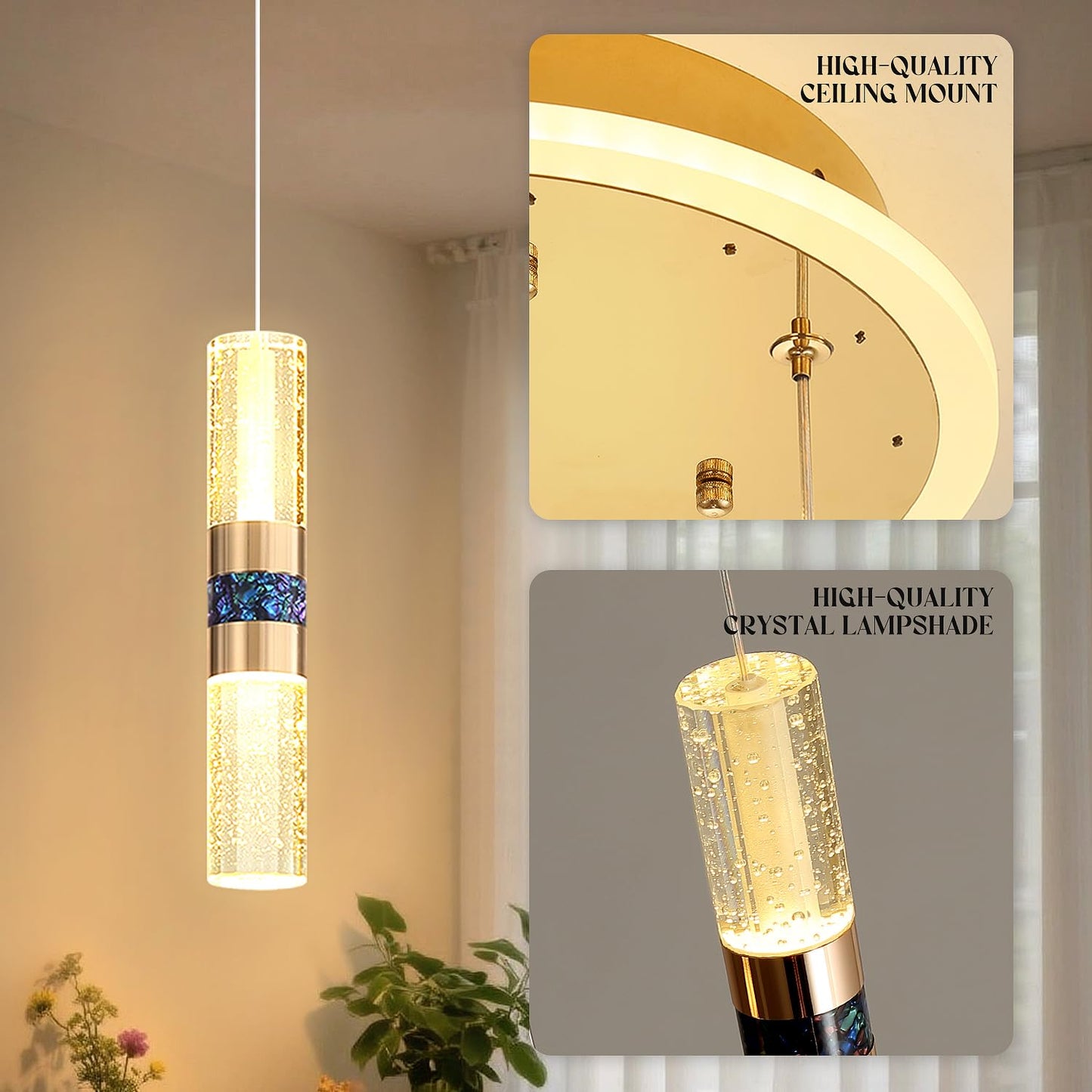 ykolupty 1-Light Pendant Lights Kitchen Island Modern Gold Crystal Chandeliers LED Dimmable Crystal Island Light Fixture Mini Pendant Light for Living Room Bedroom Dining Room Hallway