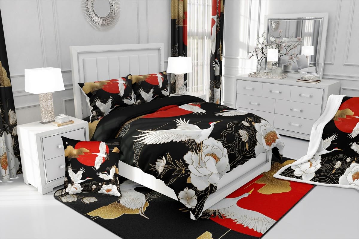 Feelyou Japanese Crane Bedding Sheets Full Black Gold Ukiyoe Theme Bed Sheet Set for Adult Kids Asian Anime Fitted Sheet Wild Animal Bed Cover 3Pcs,1 Fitted Sheet+2 Pillow Sham（No Flat Sheet）