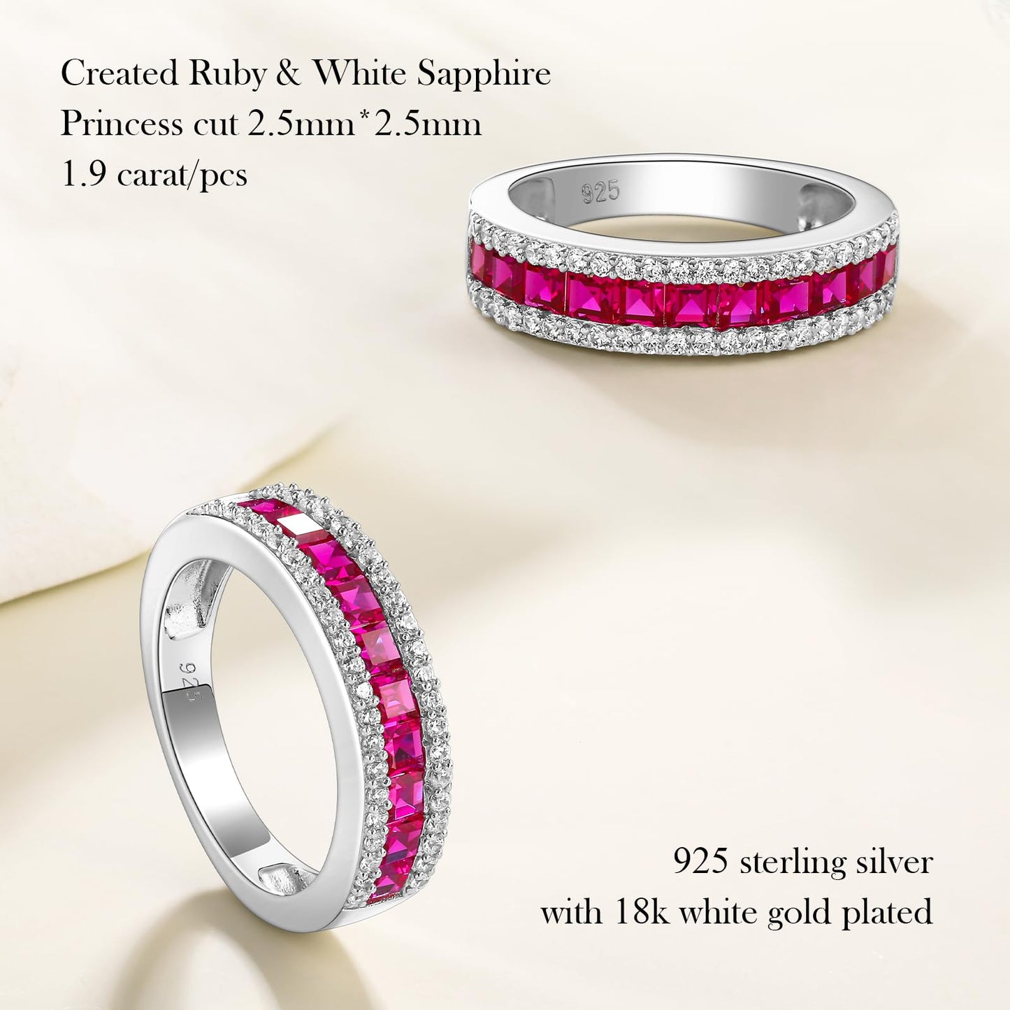 RANDES Red Gemstone Ring Sterling Silver Anniversary Bands for Women 5mm Wide Channel Set Half Eternity Wedding Band Ruby Birthstone Rings Size 9