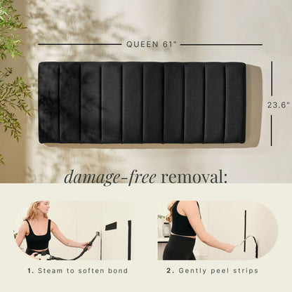 Hearth & Harbor Upholstered Queen Headboard - Easy Assemble Channel Stitched Headboard Queen Size - Wall Mounted Headboards with 3D Soundproof Wall Panels Peel & Stick Floating Headboards, Black