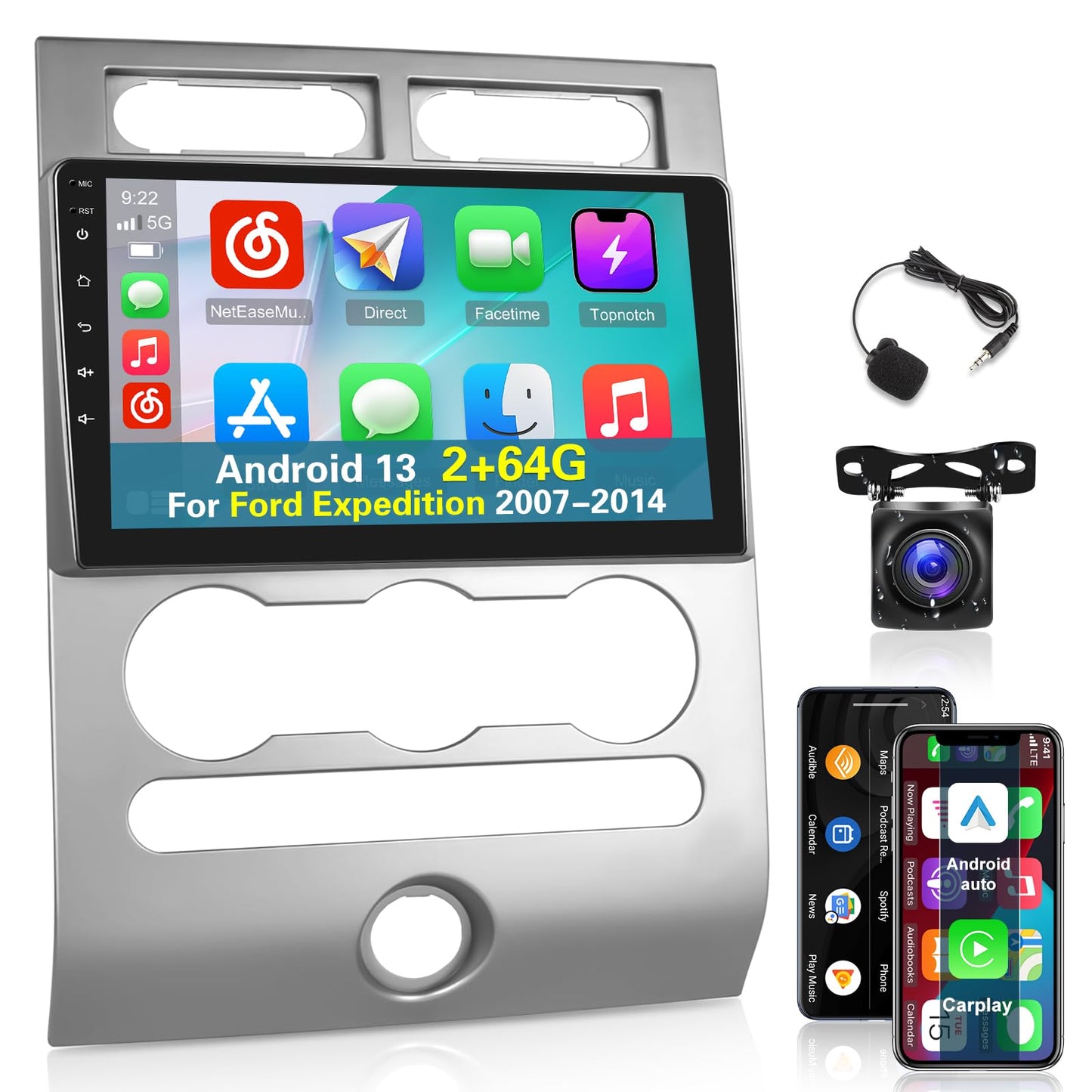 [2+64G] NHOPEEW Car Radio for Ford Expedition 2007-2014 with Wireless Carplay and Android Auto - 9 Inch Touchscreen Android 13 Car Stereo - DSP/Multiple UI/WiFi/GPS/SWC + AHD Backup Camera