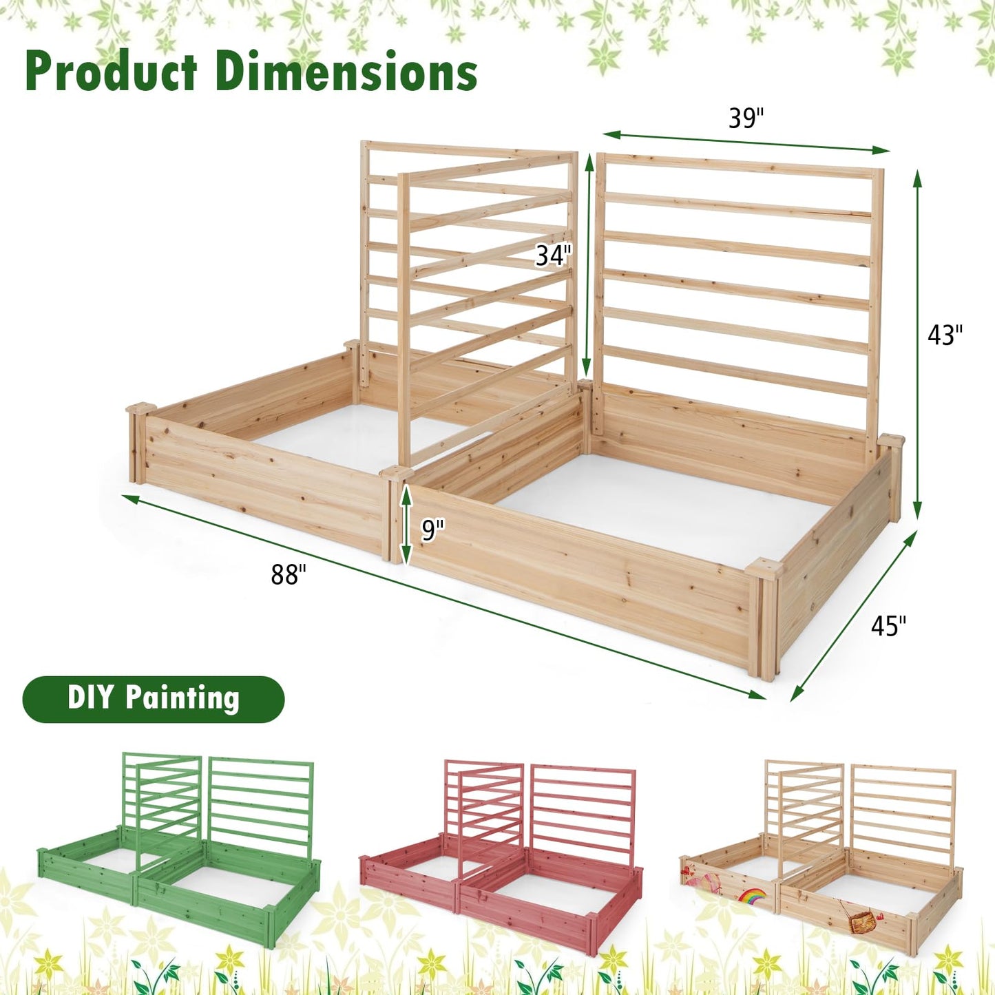 S AFSTAR Raised Garden Bed with 3 Trellis & 2 Planter Boxes, Outdoor Wooden 88" L x 45" W x 43" H Planter Box Kit for Flower Herb Vegetable Fruit Climbing Vines, Gardening Planter for Garden Patio