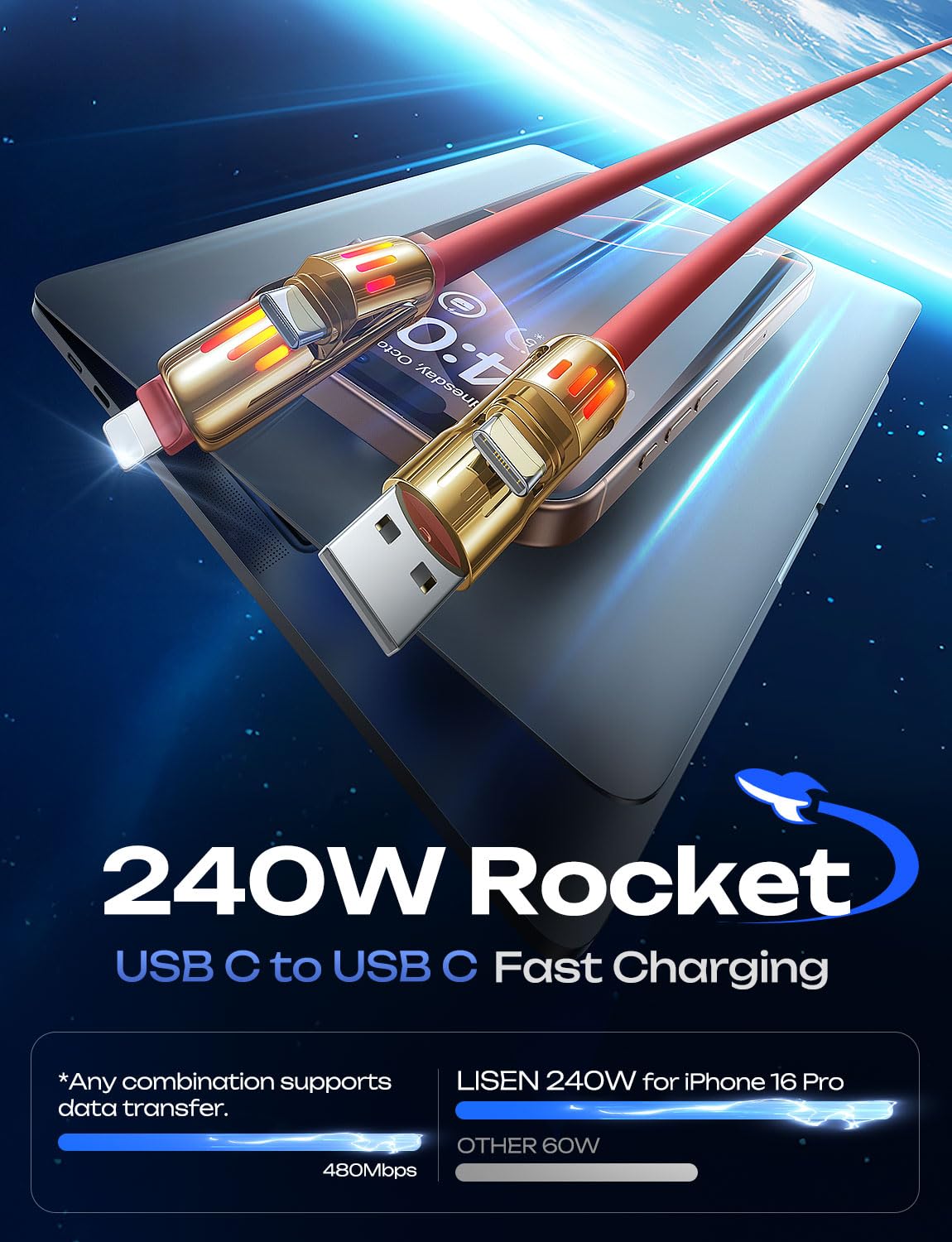LISEN USB C to Lightning Cable, 240W 4 in 1 Charging Cable 6.6FT, Chubby USB A/C to C/Lightning with Light for iPhone Air 17 16 15 14 Pro/MacBook/iPad/Samsung/Switch 2, Multi Chargers for All Devices