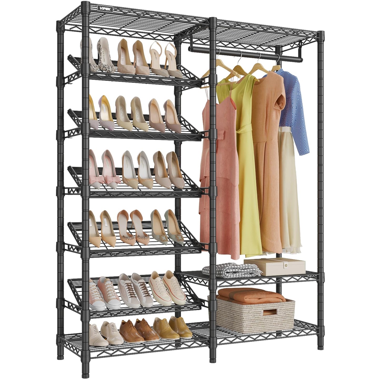 VIPEK S20 Clothes Rack with Heavy Duty Shoe Shelves (25° tilt angle), 850lbs Freestanding Metal Clothing Rack with 10-Tiers Shelves, Adjustable and Removable, Space Saving Closet Organizer, Black