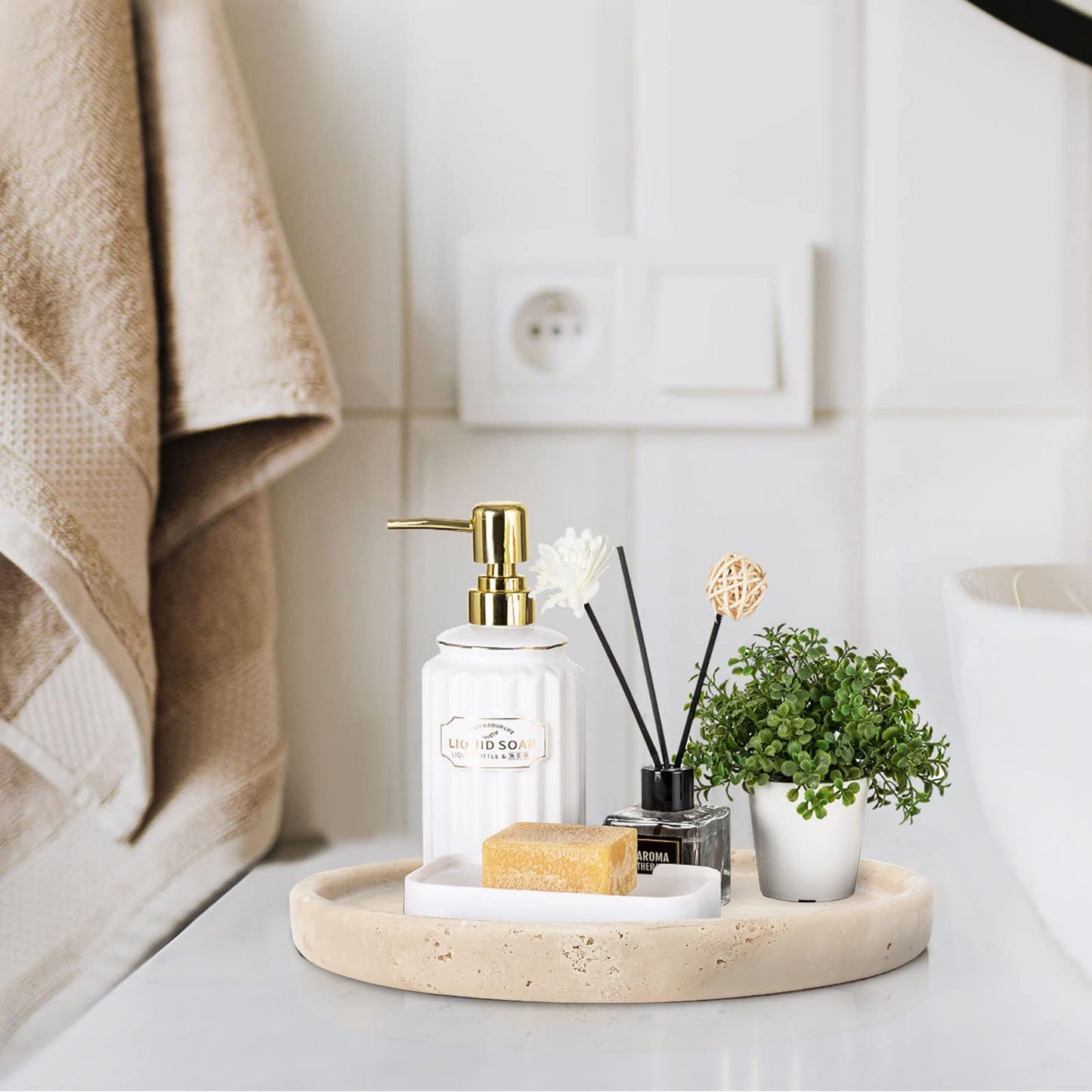 XINFUHUA Travertine Tray, Small Ceramic Vanity Tray for Bathroom Counter Decor, Round Marble Decorative Trays for Coffee Table (Beige, Medium Size)