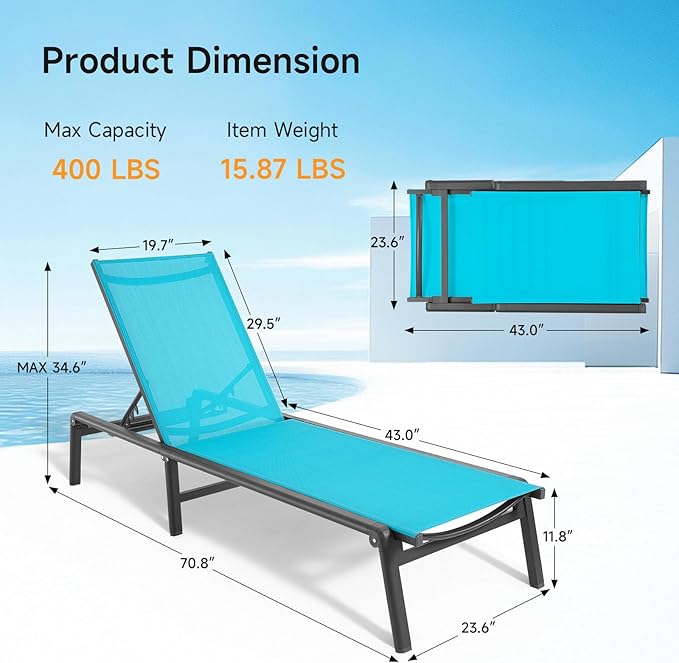 Aluminum Chaise Lounge Chair Outdoor, Foldable & Assembly Free Outdoor Lounge