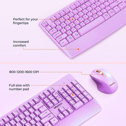 MEETION Wireless Keyboard and Mouse, Full-Sized Cordless Keyboard with Wrist Rest and 3 DPI Adjustable Mouse, Keyboard and Mouse Set with 2.4GHz USB Receiver, for PC/Computer/Laptop/Windows/Mac, Pink